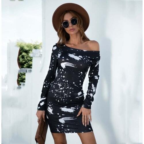 2021 Autumn Off Shoulder Dress Women Print Tshirt Dress Ladies Sexy Long Sleeve Tight Pencil Dress For Women
