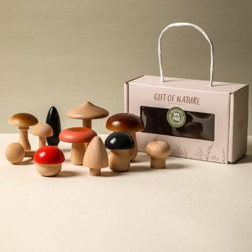 11pcs Wooden Mushroom Toy Set Natural Mushrooms Blocks for Childrens Arts and DIY Crafts Montessori Educational Game Baby Toy
