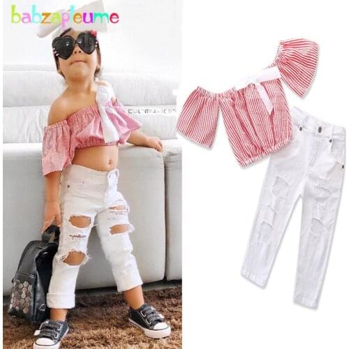 2019 Baby Summer Clothes For Kids Wear Tops Toddler Girls Outfits Stripe T-shirt+Pants Hole Jeans Children Clothing Set BC1057-1