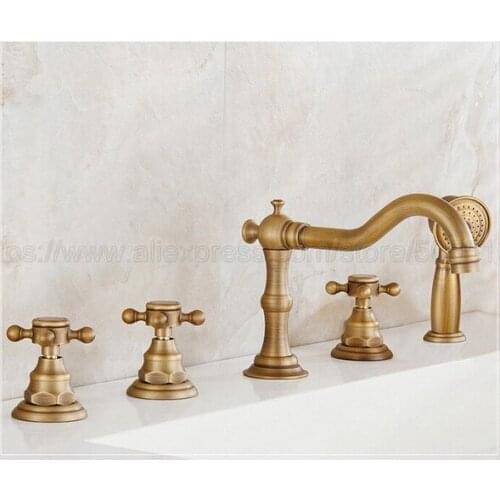 Antique Brass 5pcs Bathroom Tub Sink Faucet with Hand Shower Deck Mounted 5 Holes Three Cross Handles Bathtub Taps ztf035