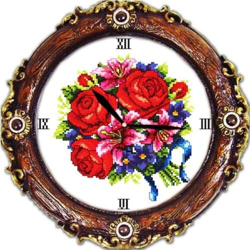 Wall Clock Cross Stitch Decorative Kit Small Roses Lily Flowers Bouquets Clocks Furniture Accessories Handmade Embroidery