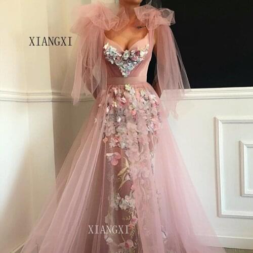 2020 Long Evening Dresses A-Line V-Neck 3D Flower Evening Dress Formal Gowns Party Gowns vestido de festa Longo
