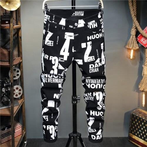Mens Plus-Size Digital Print Slim Stretch Small Feet Black Casual Fashion Hip-Hop Pants Midrise Jeans