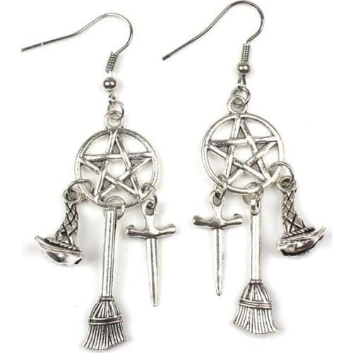 Punk Supernatural Pentagram Wing Dangle Earrings Jewelry Pagan Fertility Goddess Moon Earrings for Wome Christmas Halloween Gift