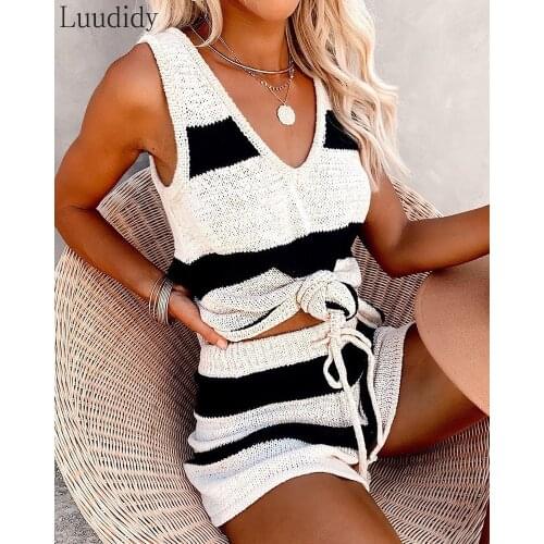 Two-Piece Set Casual Wear Suits Set Knitted Colorblock Top & Drawstring Shorts Set