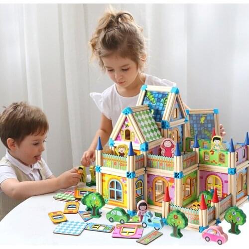 Colorful childrens toy construction building blocks 3D wooden insert model assembled house castle creative educational toys