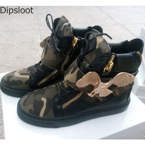 Hot Men Metal Eagle Camouflage Cloth High Top Thick Sole Casual Shoes Male Double Zipper Sneakers Flat Leisure Trainer Shoes