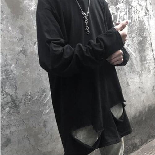 Autumn men personality ripped destroyed holes punk long sleeve t shirt women couple vintage street hip hop tee shirts