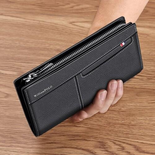 WILLIAMPOLO Mens Wallet Cow Leather Card Holder Wallet Long Zipper Purse 2020 New Clutch Male Wallets Fit iPhone 11Pro PL201508