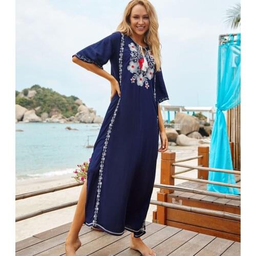 New Embroider Cotton Beach Dress Women Cover ups Swimwear Pareo Beach 2021 Vestidos de Playa Bathing suit cover ups Tunic