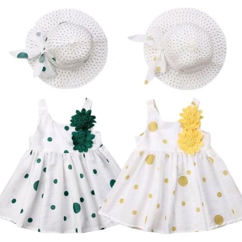 Toddler Baby Girl Clothes Princess Flower Polka Dot Sleeveless Dress Summer Sunhat Outfits
