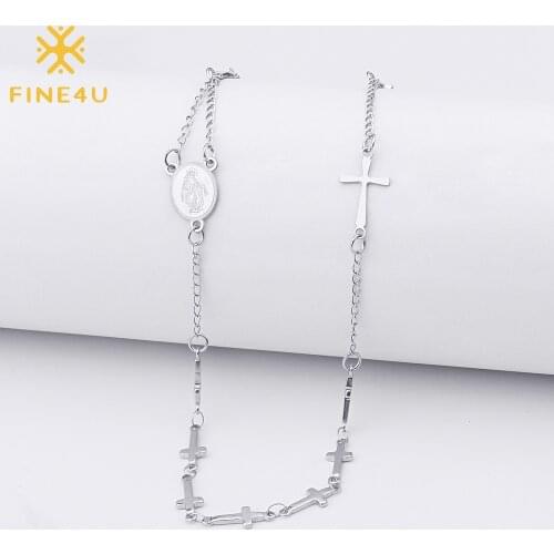 FINE4U N423 Stainless Steel Cross Virgin Mary Pendant Necklace Long Chain Necklace For Catholic Christian Rosary Jewelry