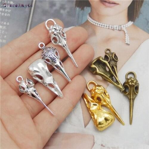 9Pcs Mixed Raven Skull Charms Alloy Animals Skull Bird Head Pendant Handmade Hanging Crafts Vintage Jewelry Bronze Silver Gold