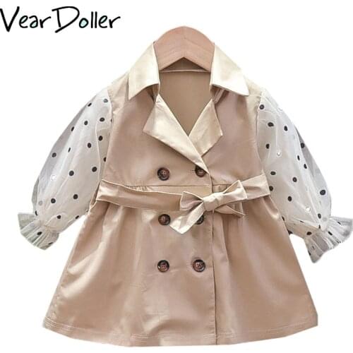 VearDoller Girl Casual Dresses Autumn New Fashion Double-breasted Brief Lapel Trench Coat Dress Polka Dot Long Sleeve Girl Dress
