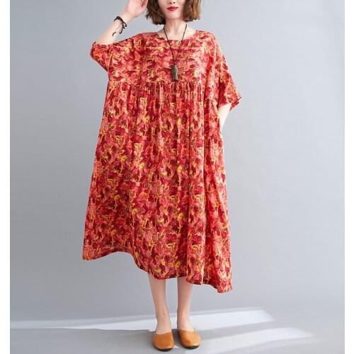 Print Sundress Women Plus Size Summer Cotton Linen Female Loose Batwing Casual Holiday Beach Vintage Large Size Dresses