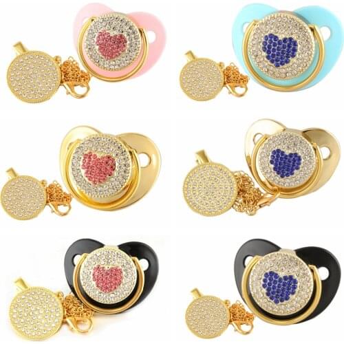 Luxury Bling Pacifier Rhinestone Red Sweet Heart Crystal Orthodontic Nipple Silicone Soother Baby Dummy Pacifier Clip