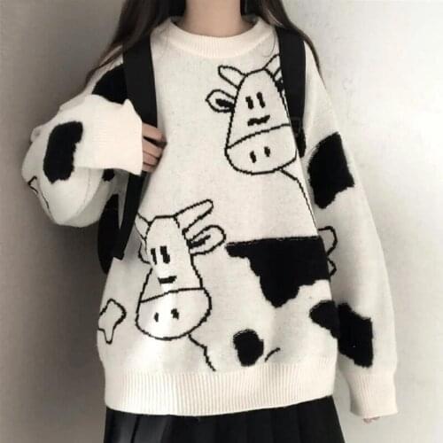 Cute Cow Print Sweater Autumn Winter Long Sleeve Knitted Pullover Women Casual Loose Lazy Clothes Korean Harajuku Streetwear
