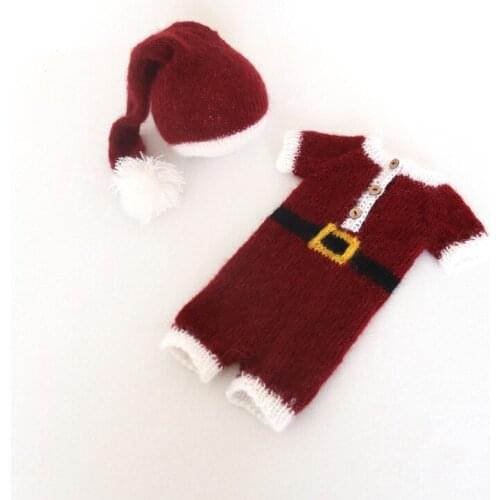 Knit Mohair Christmas Outfit For Photo Shoot Newborn Romper Santa Bonnet Set Photography Prop Baby girl overall