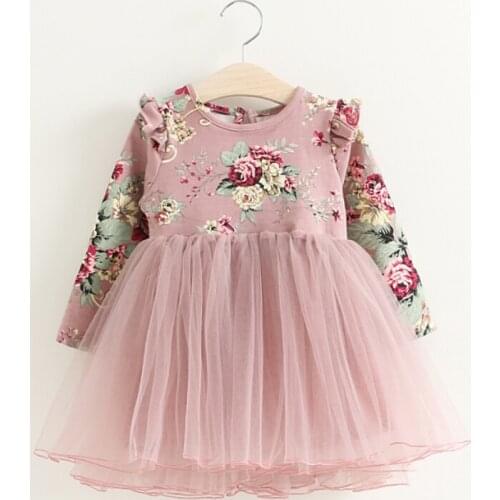 2018 Spring toddler Girls Floral Mesh Ball Long Sleeve Dresses Ruffles Princess Kids Dazzle Bow tutu Dress baby Christmas gift