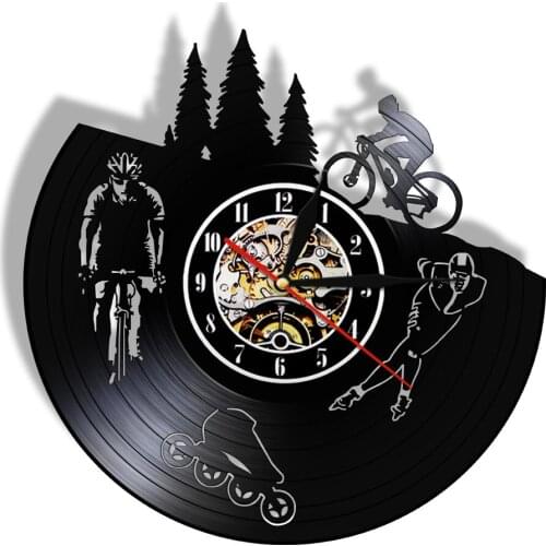 Skating Biker Cyclist Skater Gramophone Record Wall Clock Dirt Bike Bicycle Black Watch Sport Lover LED Light Duvar Saati