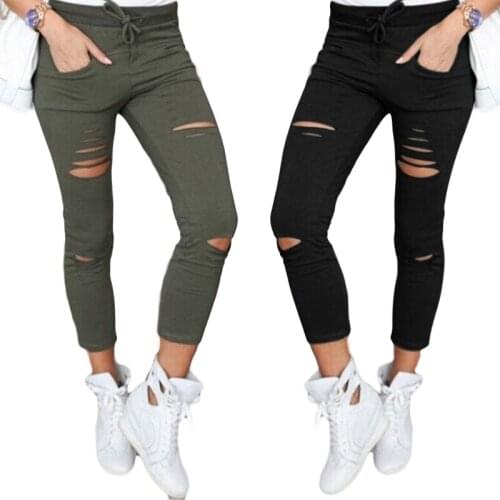 2019 Pants Women Elastic High Waist New Fashion Hole Pencil Pants Ankle-Length Casual Slim Solid Color Trousers