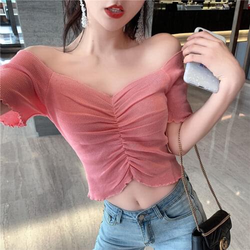 Woman TShirts Summer off-Shoulder Short-Sleeved Knitted T-shirt Top for Women Crop Top Mujer Camisetas
