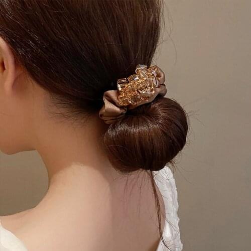 Women Fashion Crystal Hair Ropes Lady Elegant Fabric Satin Hair Ties