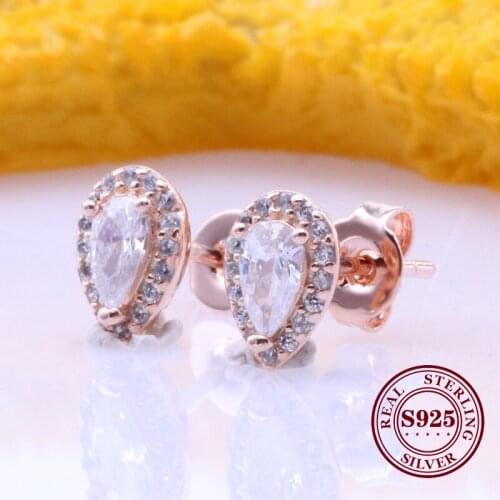 Original 925 Sterling Silver Earrings Sparkling Teardrop Rose Gold Earrings For Girlfriend Women Gift Jewelry