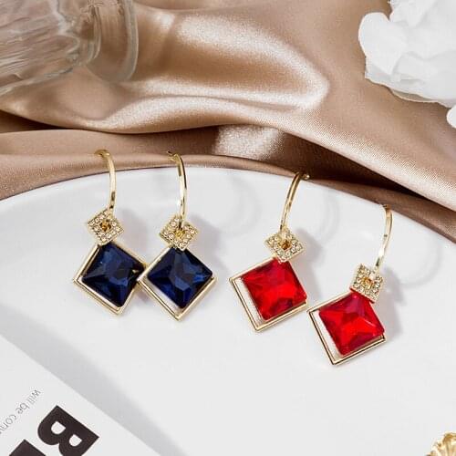 Korean Fashion Blue Red Crystal Square Drop Earrings for Women Gold Color Metal Layed Geometric Hook Earrings Statement Jewelry