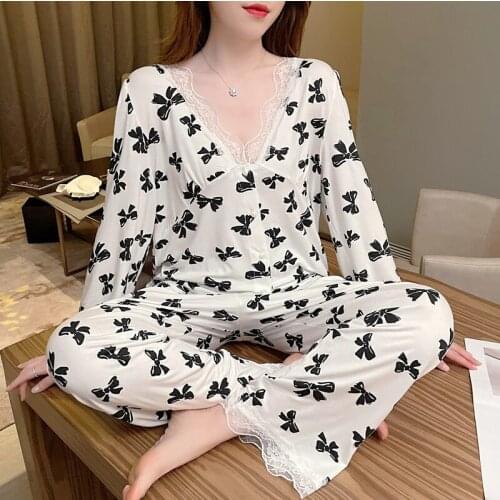 Female Print Bow 2PCS Pajamas Sets Sexy Lace Trim Modal Pyjamas Suit Home Wear Bride Sleepwear Summer Women Lounge Nightwear