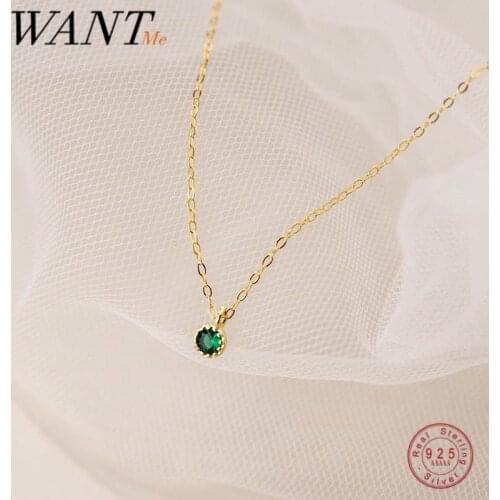 WANTME 925 Sterling Silver Simple Fashion Round Green Zircon Link Chain Pendant Clavicle Necklace for Women Chic Charm Jewelry