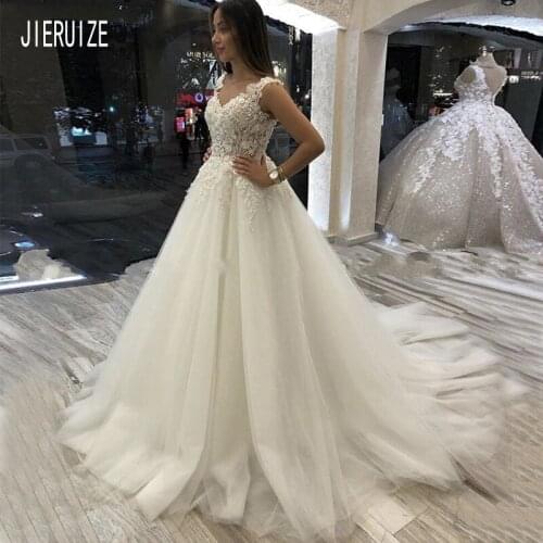 JIERUIZE Glamorous White Wedding Dresses V-neck Appliques Tulle Bride Gowns Lace Up Back Ivory Wedding Gowns robe de mariee