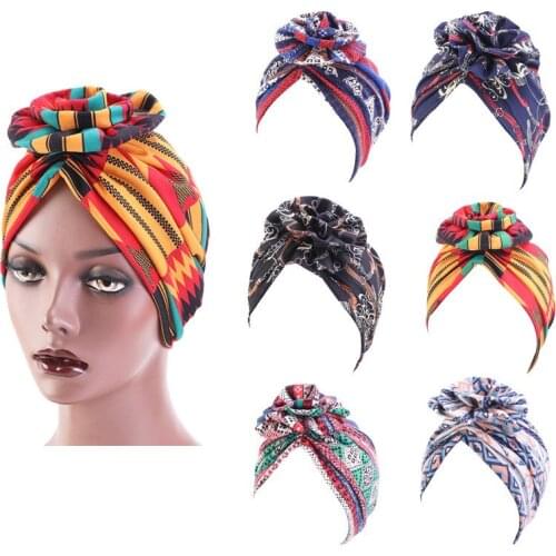 58cm Hair Caps Women Turban Hat Bohemia Style Flower Hijab Caps Beanie India Night Hat Muslim Scarf Sleep Headwear Chemo Cap