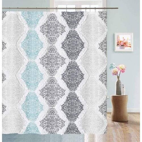 White Ruffle Shower Curtain Bohemian Damask Pattern Modern Cute Waterproof Heavy Fabric Taupe and Cream