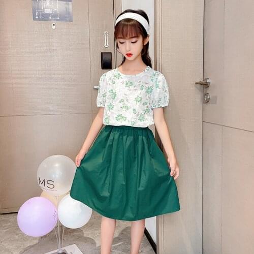European And American Children Wear Summer Girls Retro Flower Cotton Linen Bubble Sleeve Blouse + Skirt 2 Pieces Sets