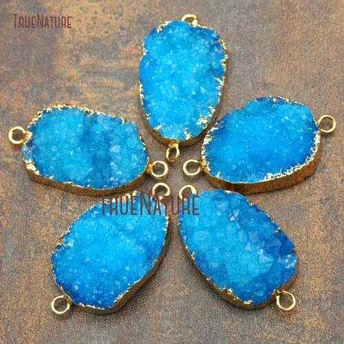 10Pcs Designer Blue Druzy Crystal Double Bail Pendant Pure Gold Color Free Form Connector Approx 33x20mm PC11143