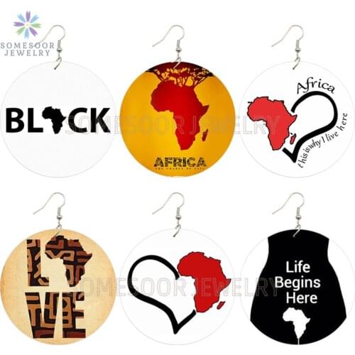 SOMESOOR Double Sides Printing Love Africa Map Wooden Drop Earrings Afro Roots Life Desgin Wood Dangle Jewelry For Women Gifts