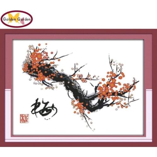 GG Plum Flower Printed Cross Stitch Flower Embroidery Kits Joy Sunday 11CT 14CT DIY Chinese Cross Stitch Painting for Home Decor