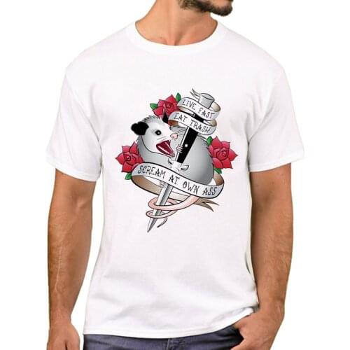 TEEHUB Hipster Opossum Tattoo Men T-Shirt Short Sleeve Tshirts Live fast, Eat TrashPrinted T Shirts Funny Tee