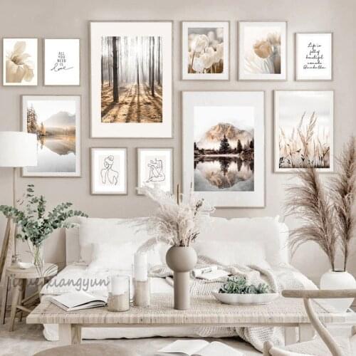 Mountain Lake Reed Forest Abstract Girl Art Canvas Painting Nordic Posters And Prints Autumn Wall Pictures For Living Room Decor