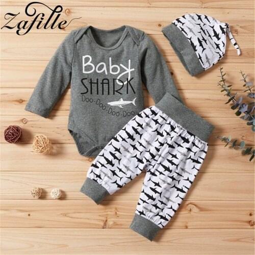 ZAFILLE Newborn Baby Boy Clothes Set Winter Gray Babys Rompers Bodysuit+Shark Pants+Hat 3pcs Cartoon Toddler Baby Boy Outfits