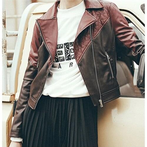 Street Womens Short PU Leather Jacket Coats Red Color Block Ladies Basic Jackets Women Motorcycle Jackets Autumn 2018 8MR101