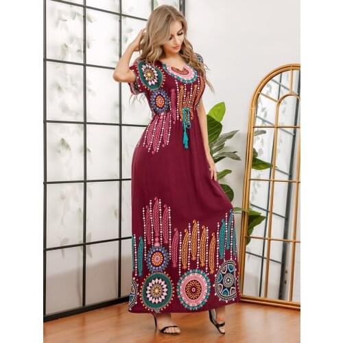 Summer Elegant Muslim Women Dress Women O Neck Short Sleeve Ankle Length Print Floral Slim Moroccan Kaftan Casual Elegant Abaya