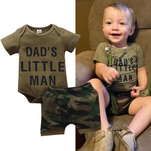 Summer Baby Boys Two-Piece Clothing Suit Fashion Letter Print Romper Top + Camouflage Shorts Outfit Set