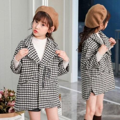 Hot Sale Girls Woolen Jacket Childrens Fashion Houndstooth Overcoat Fall Winter Kids Plaid Outerwear Casual Coat Clothes X462