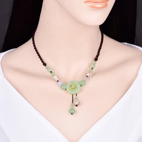Fashion Exquisite Light Green Coloured Glaze Beads Chokers Necklace Classical Golden Sand Coloured Glaze Pendant Necklace