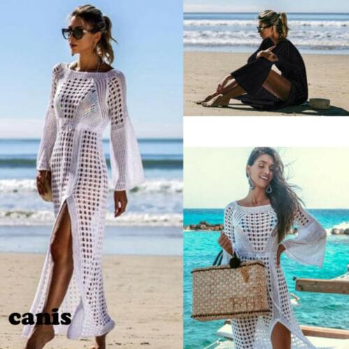 2019 New Women Cover Up Hollow-Out Knit Sunscreen Beach Long Swimwear Bathing Dress