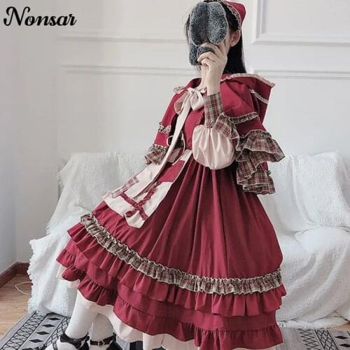 NONSAR Christmas Dress Japanese Loli Lolita Cloak Spring And Autumn Daily Dress Little Red Riding Hood Op New Year