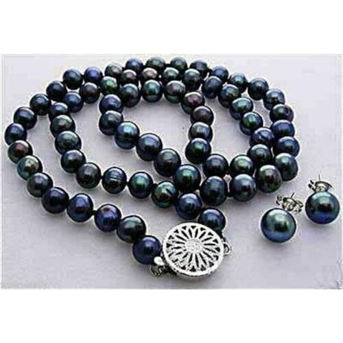 Charming! 7-8MM Black Freshwater Pearl Necklace Earring 17.5