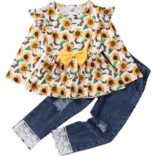 2021-06-18 Lioraitiin 2-7Years Toddler Baby Girl Autumn 2Pcs Clothing Set Long Sleeve Floral Printed Top Demin Pant Outfit